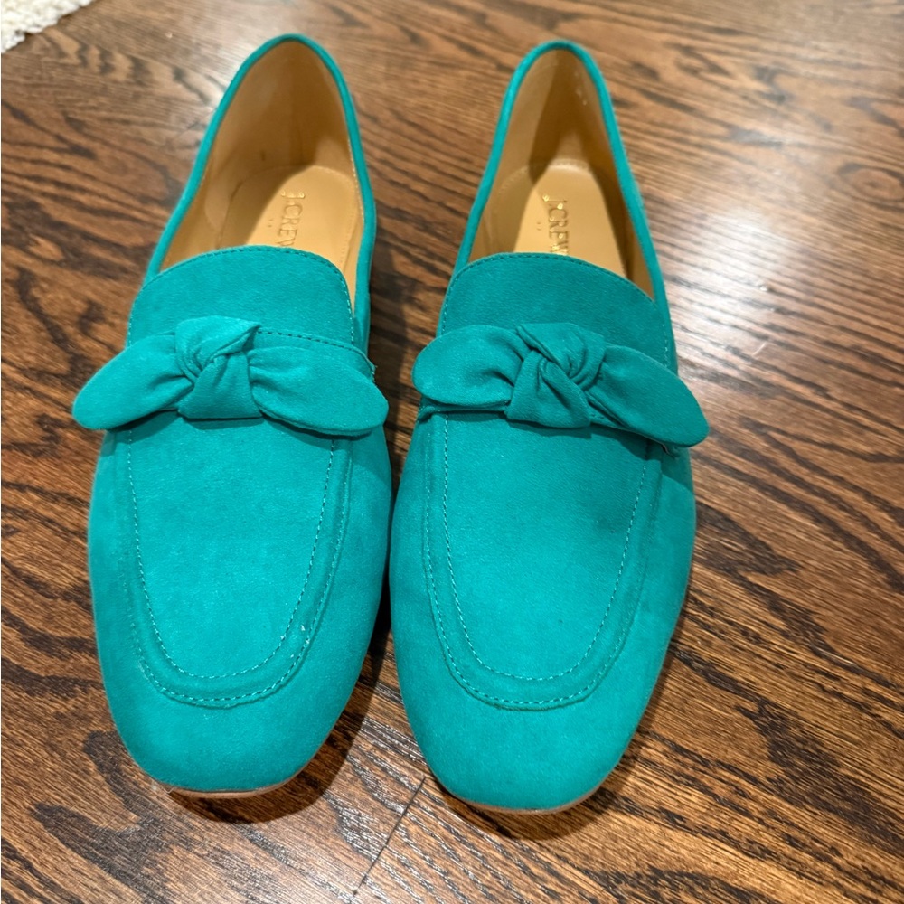 J. Crew Teal Suede Loafers with Bow Accent